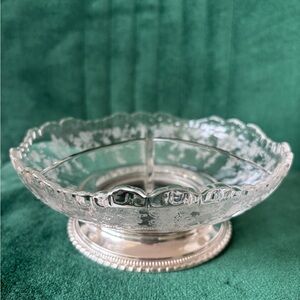 VTG Sterling silver base Cambridge Glass Rose Point 3-part divided dish Wallace